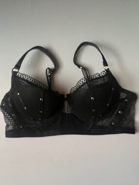 Honey Birdette Black Mesh Lace Longline Bra 36C Gold Hardware Sheer Panel